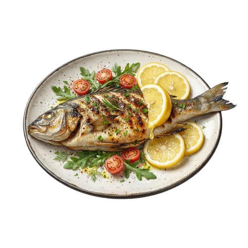 Grilled fish on a plate with lemon slices and cherry tomatoes around it