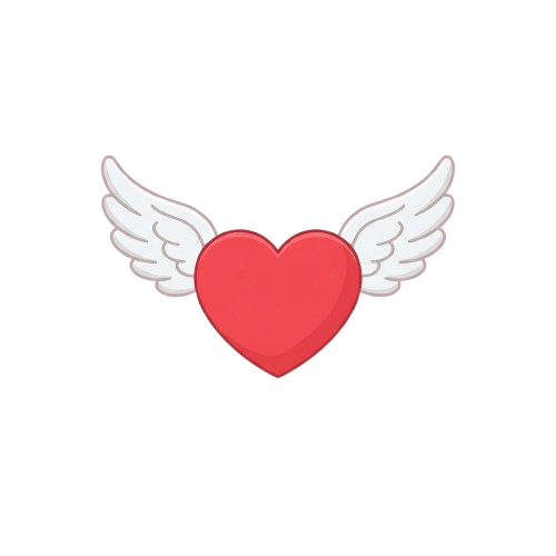 A red heart with white feathered angel wings on both sides