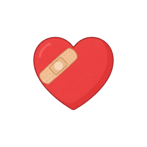 A red heart with a white bandage on it against a black background