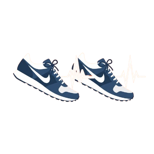 Two athletic shoes with a heartbeat line illustration between them on a black background