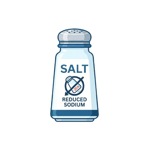 A stylized salt shaker with the words Salt and Reduced Sodium, crossed-out sodium symbol