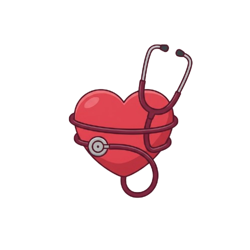 A stylized red heart with a stethoscope wrapped around it, symbolizing healthcare and medical care.