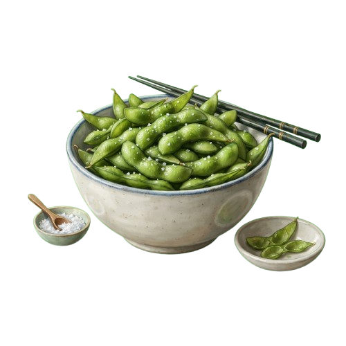 Bowl of bright green edamame pods with chopsticks, small dish of salt, and basil garnish on a plate