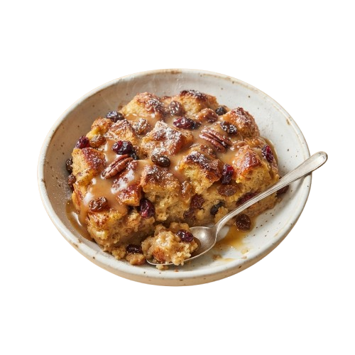 A white bowl filled with golden-brown pecan cranberry bread pudding topped with caramelized sugar and pecans, served with a spoon.