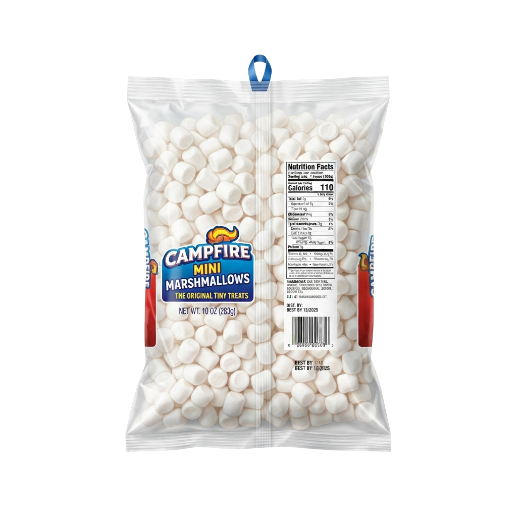 A clear plastic bag of small white marshmallows labeled Campfire Mini Marshmallows.