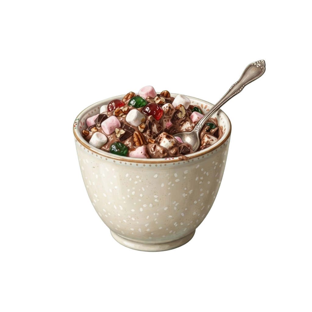 A white speckled bowl filled with cereal and colorful marshmallows, resting on a black background with a spoon inside.