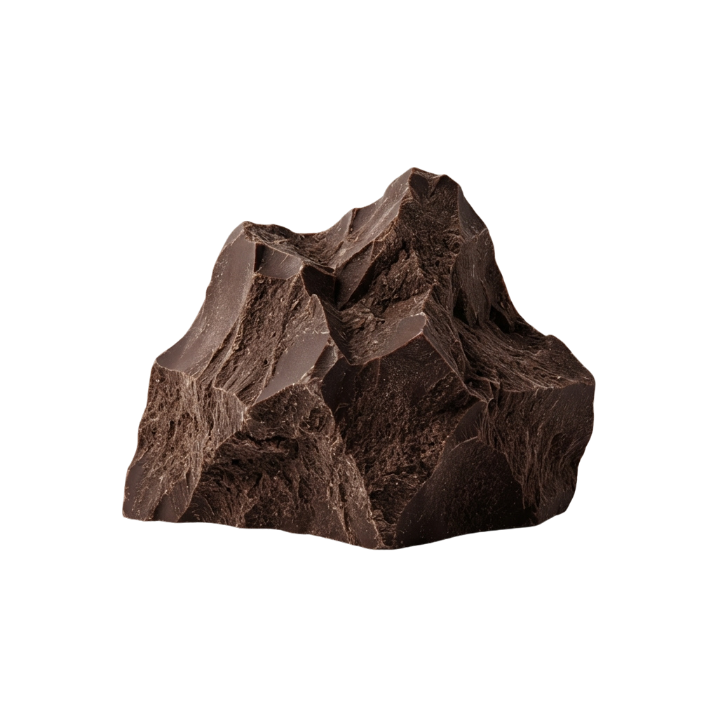 A close-up of a dark brown chocolate bar with a rough, uneven surface texture