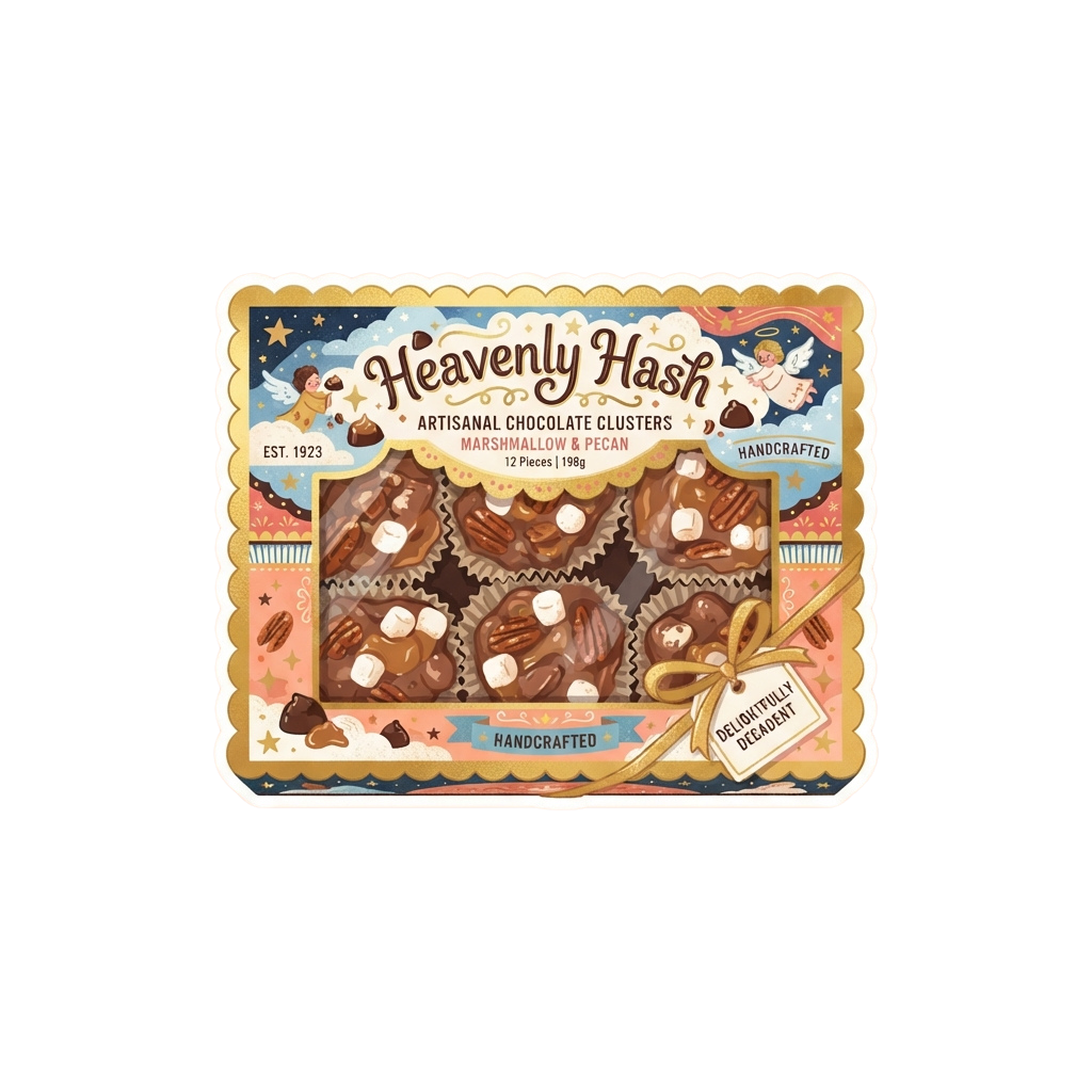 Illustrated box of handcrafted marshmallow and pecan chocolate clusters with a celestial theme