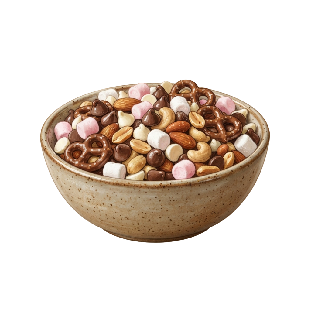 Bowl filled with mixed nuts, chocolate-covered treats, and candy pieces
