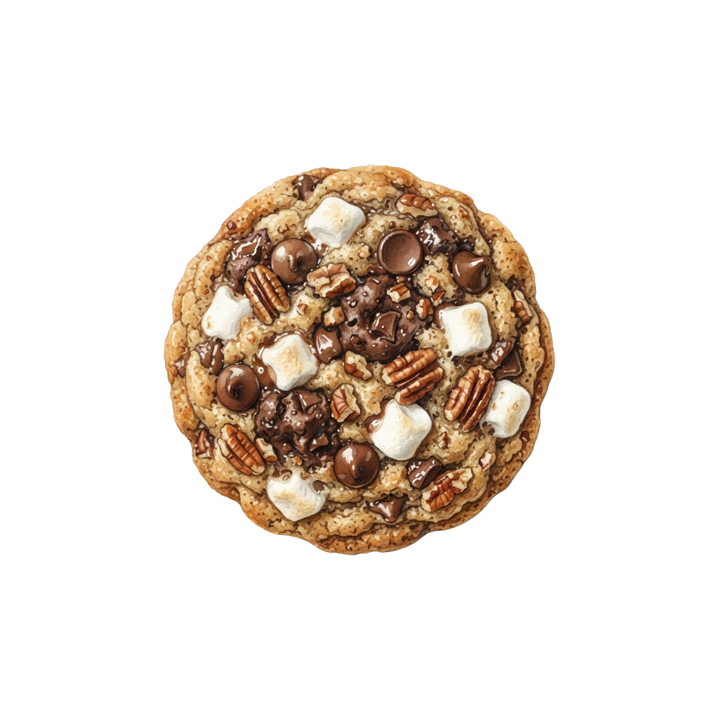 A round cookie topped with chocolate chips, marshmallows, chopped pecans, and caramel drizzle