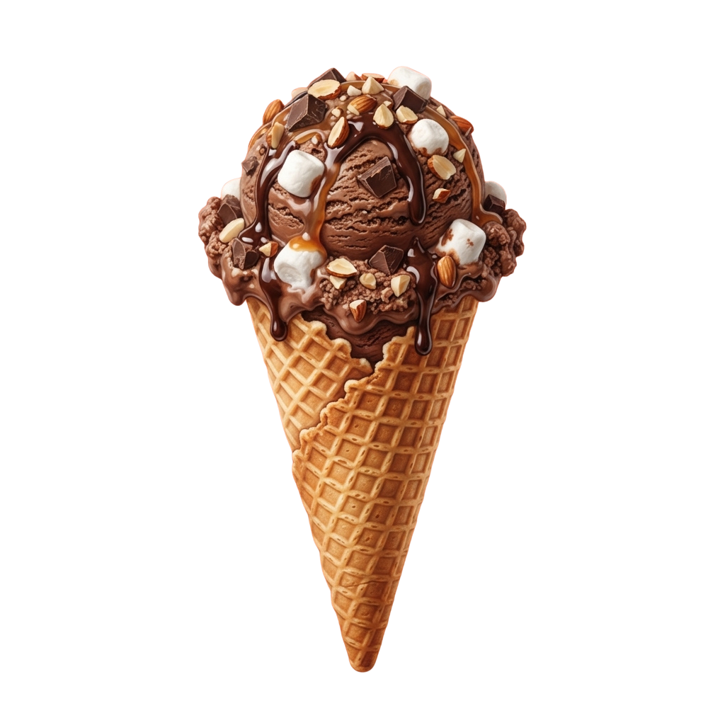 A waffle cone filled with chocolate ice cream topped with marshmallows, chocolate chunks, and nuts