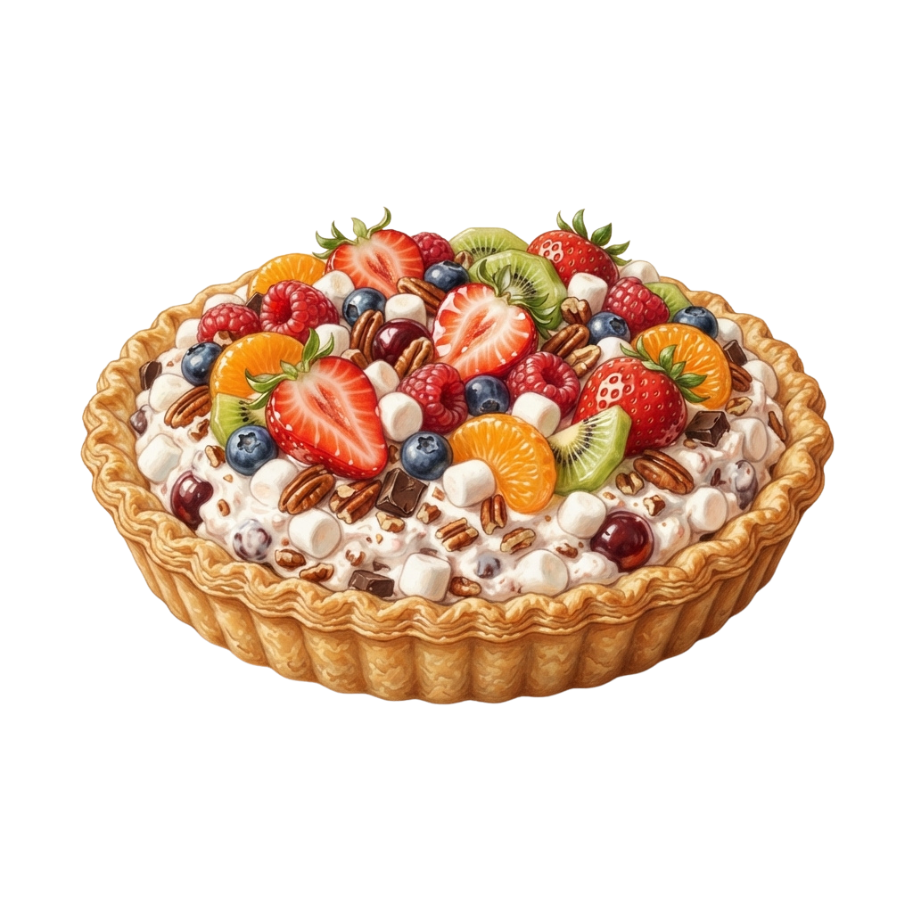 A fruit tart with golden pastry crust topped with fresh berries, kiwi, oranges, and pecans on a white creamy base