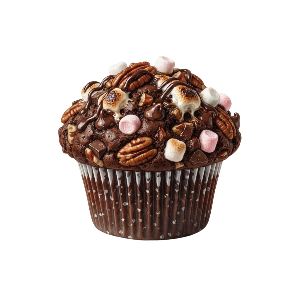 A rich chocolate cupcake topped with pecans, marshmallows, and chocolate drizzle in a paper liner