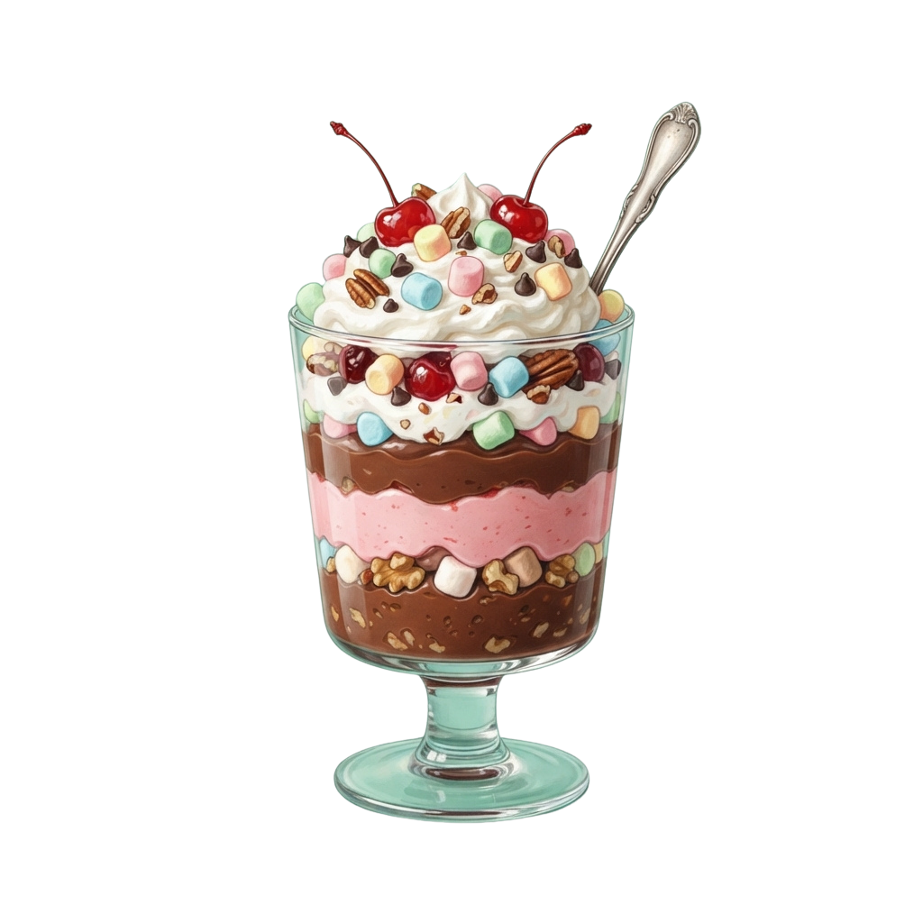 A tall glass dessert with layered chocolate, pink, and white ice cream topped with whipped cream, sprinkles, nuts, and cherries on sticks.