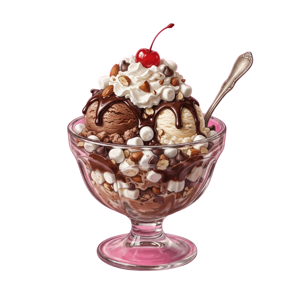 A glass bowl of ice cream sundae with chocolate and vanilla scoops, whipped cream, almonds, marshmallows, and a cherry on top