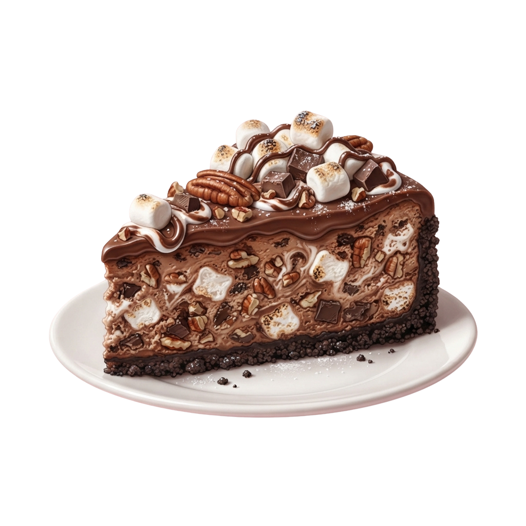 A slice of chocolate cheesecake topped with marshmallows, pecans, and chocolate drizzle on a white plate