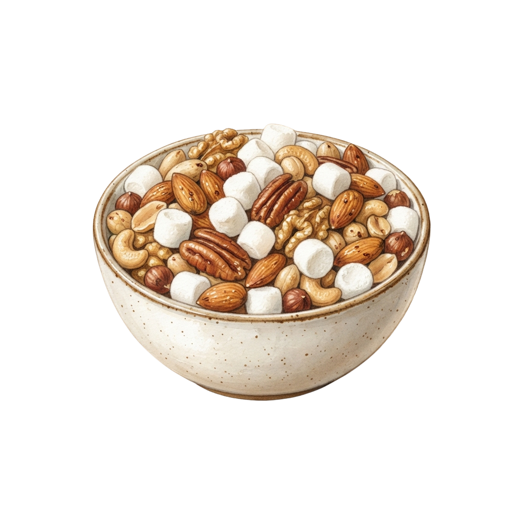 A bowl filled with mixed nuts and marshmallows on a black background