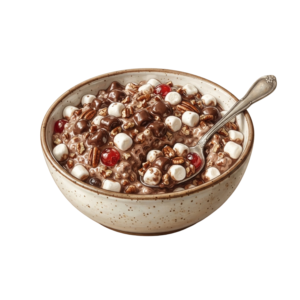 Bowl of chocolatey granola parfait topped with marshmallows and chocolate chips, served with a spoon