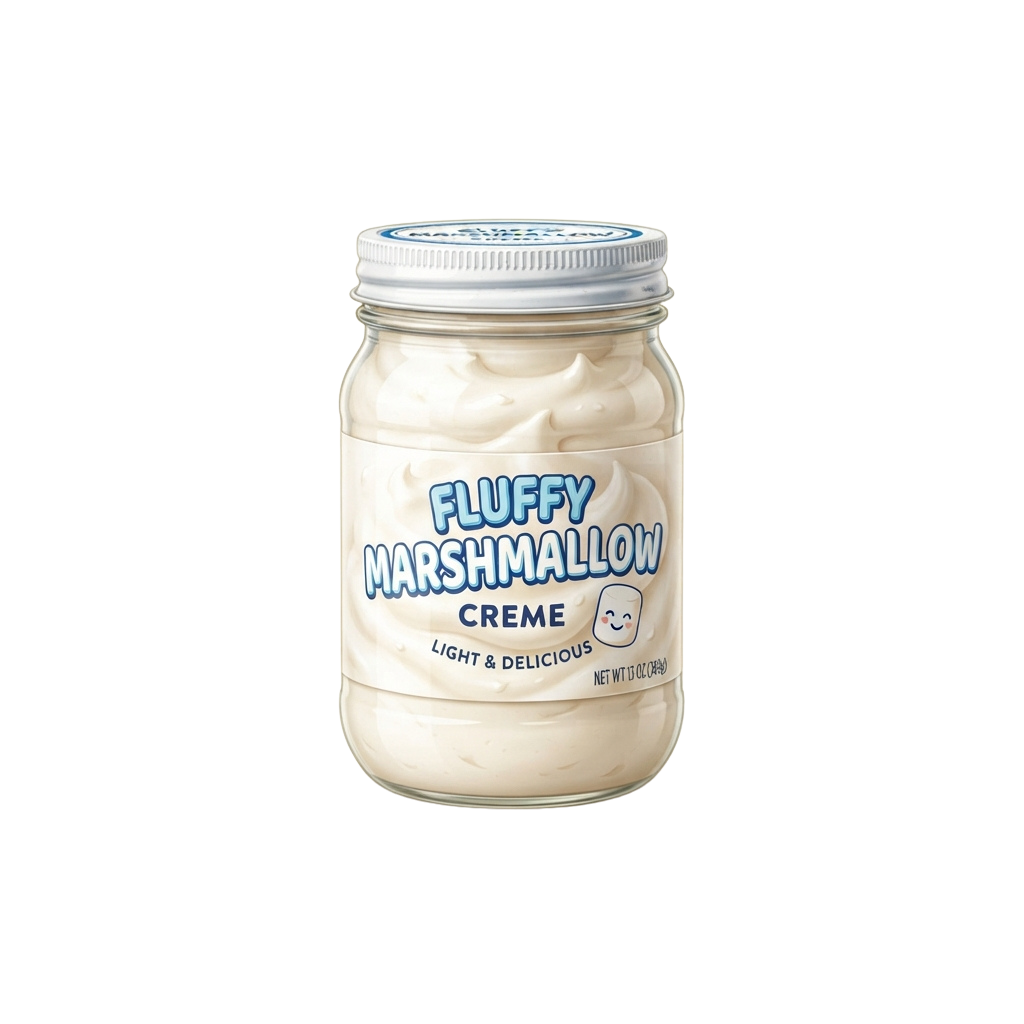 A jar of fluffy marshmallow creme with a white lid and blue label text