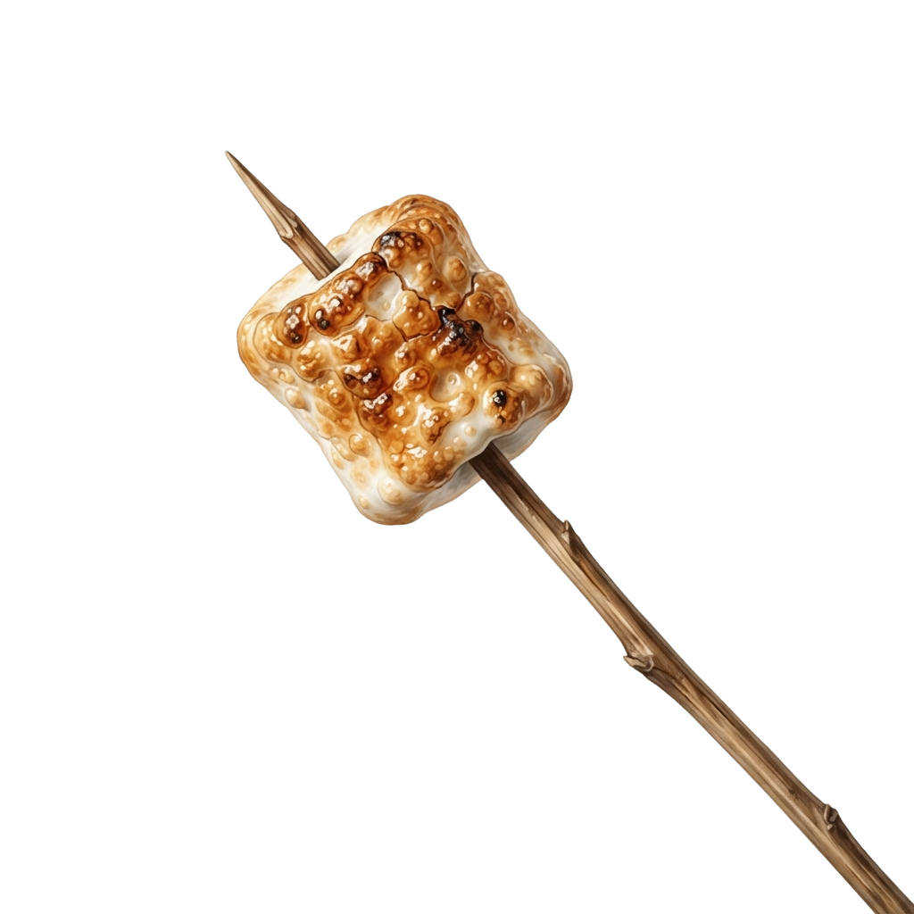 A golden-brown grilled marshmallow on a wooden stick against a black background