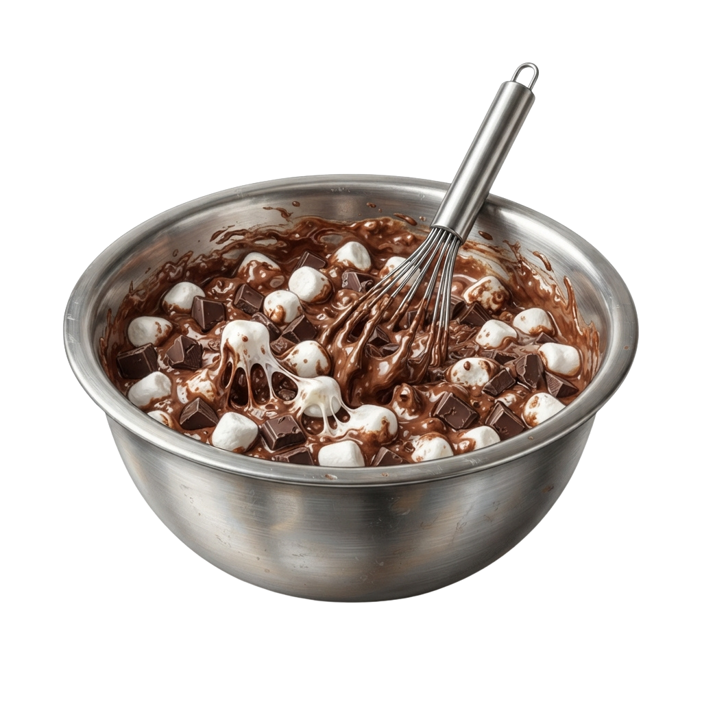 A metal bowl filled with chocolate ice cream mix containing marshmallows and chocolate chips, with a whisk inside.