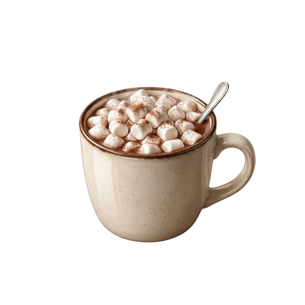 Ceramic mug filled with hot chocolate topped with marshmallows and a spoon