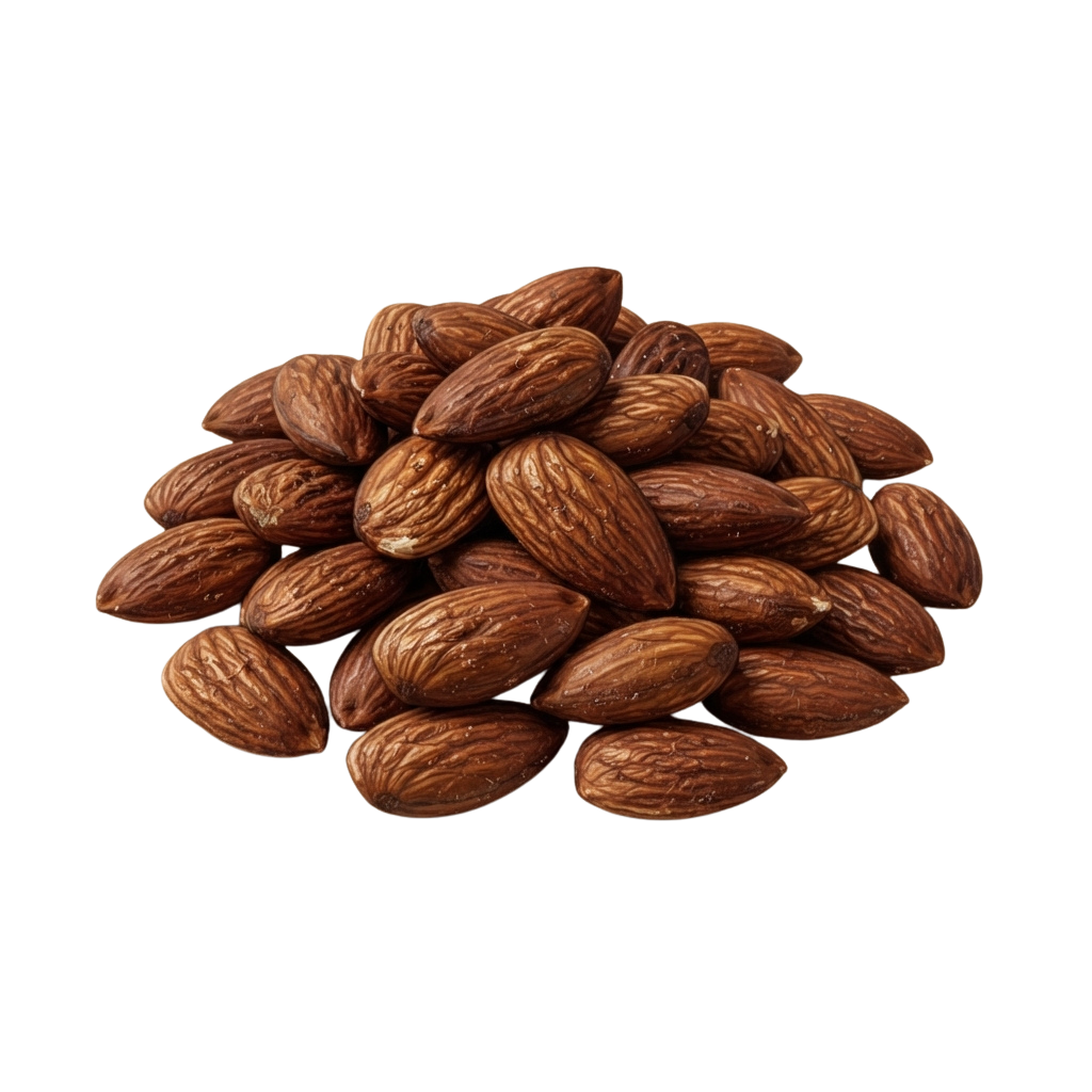 A pile of roasted whole almonds displayed against a black background
