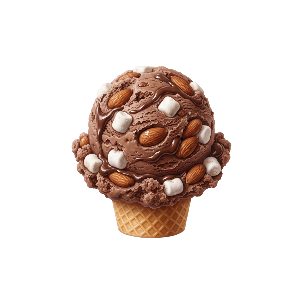A close-up of a chocolate ice cream cone topped with sliced almonds and mini marshmallows