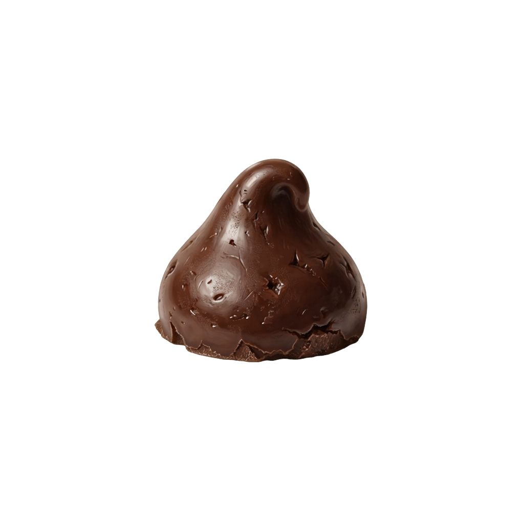 A close-up of a dark brown chocolate treat shaped like a nose with a glossy finish