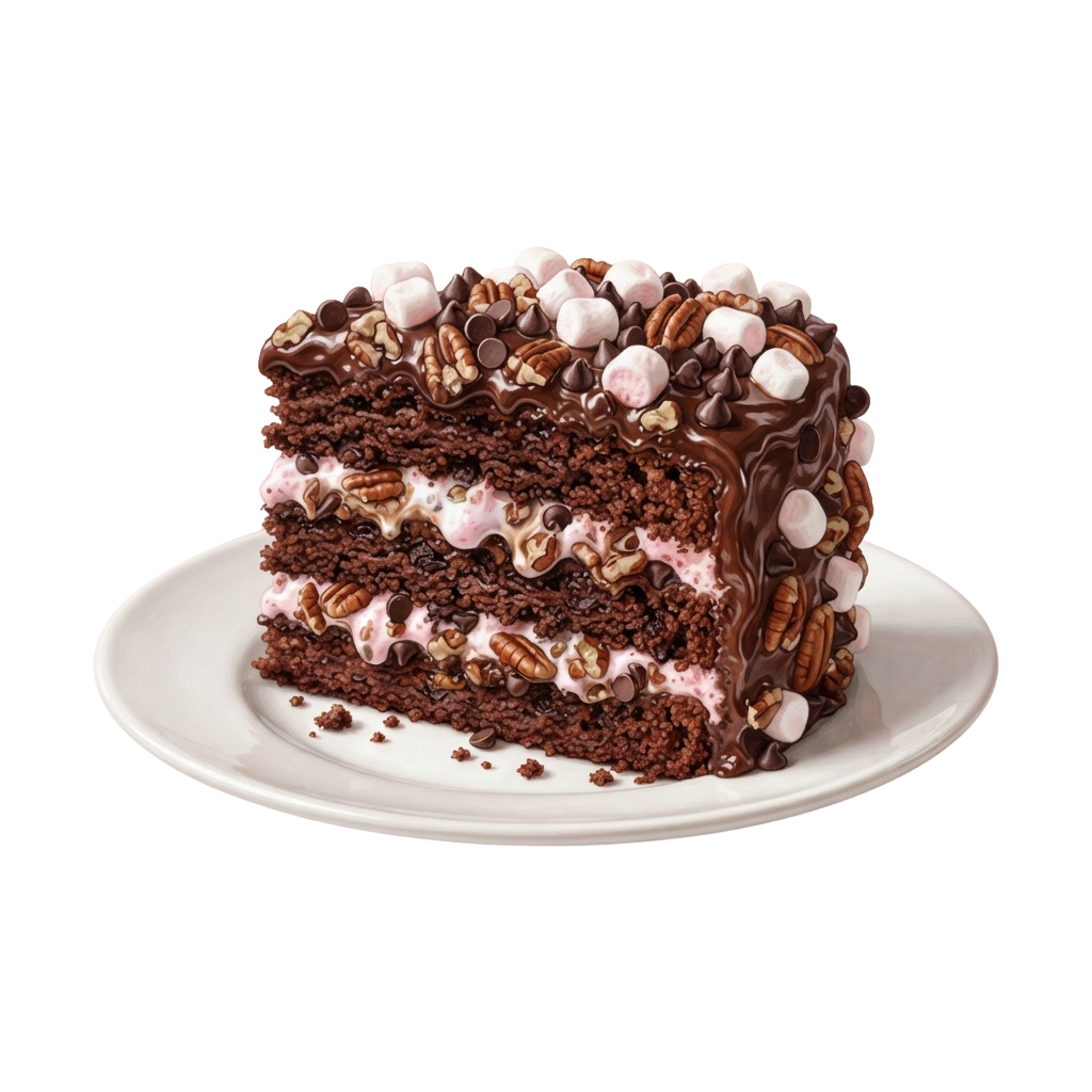Slice of layered chocolate cake topped with pecans, marshmallows, and chocolate drizzle on a white plate