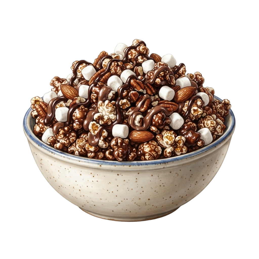 A bowl filled with chocolate-drizzled popcorn mixed with almonds and marshmallows