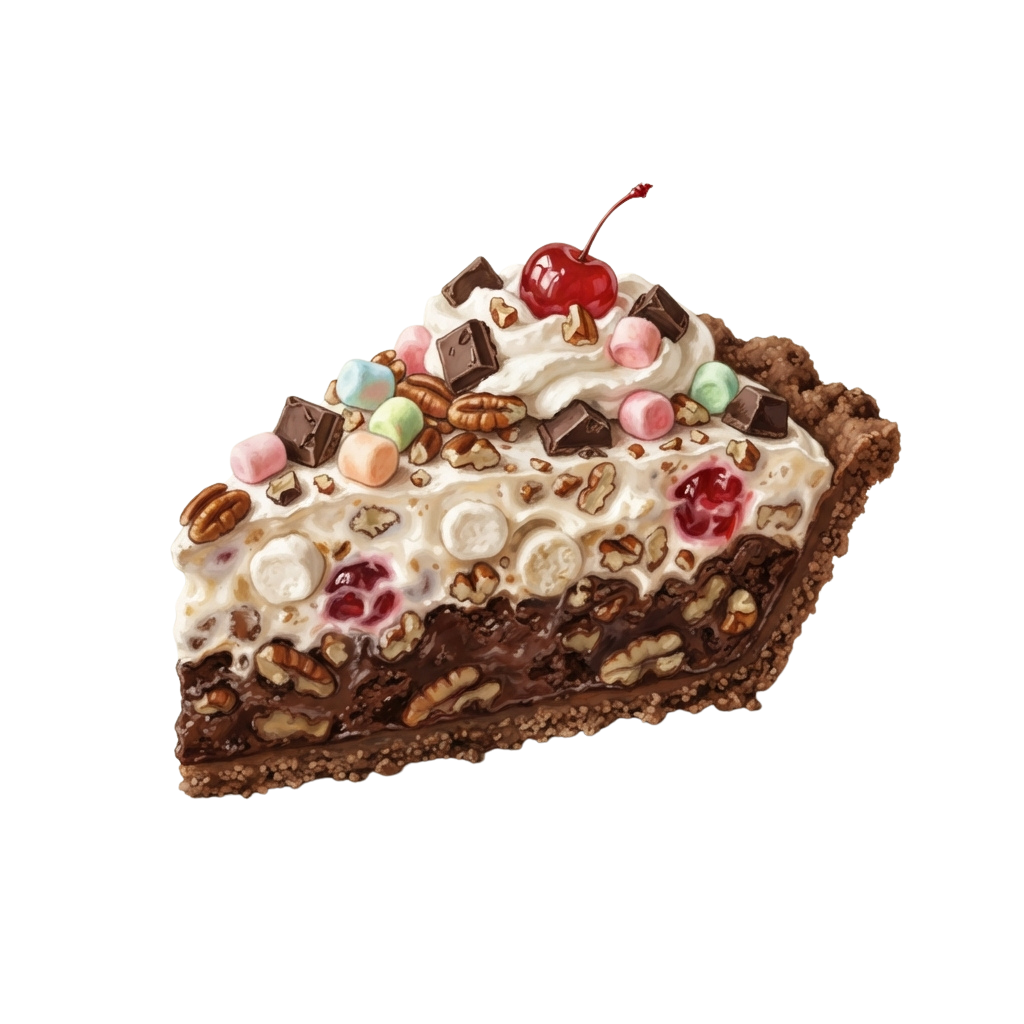 A slice of pie with chocolate crust, whipped cream, cherries, chocolate chunks, nuts, and colorful sprinkles