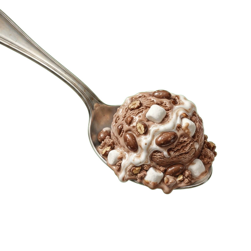 A spoonful of chocolate ice cream topped with marshmallows and chopped nuts against a black background