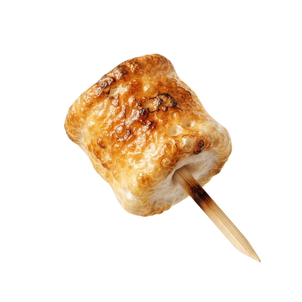 A golden brown baked bread stick on a wooden skewer against a black background