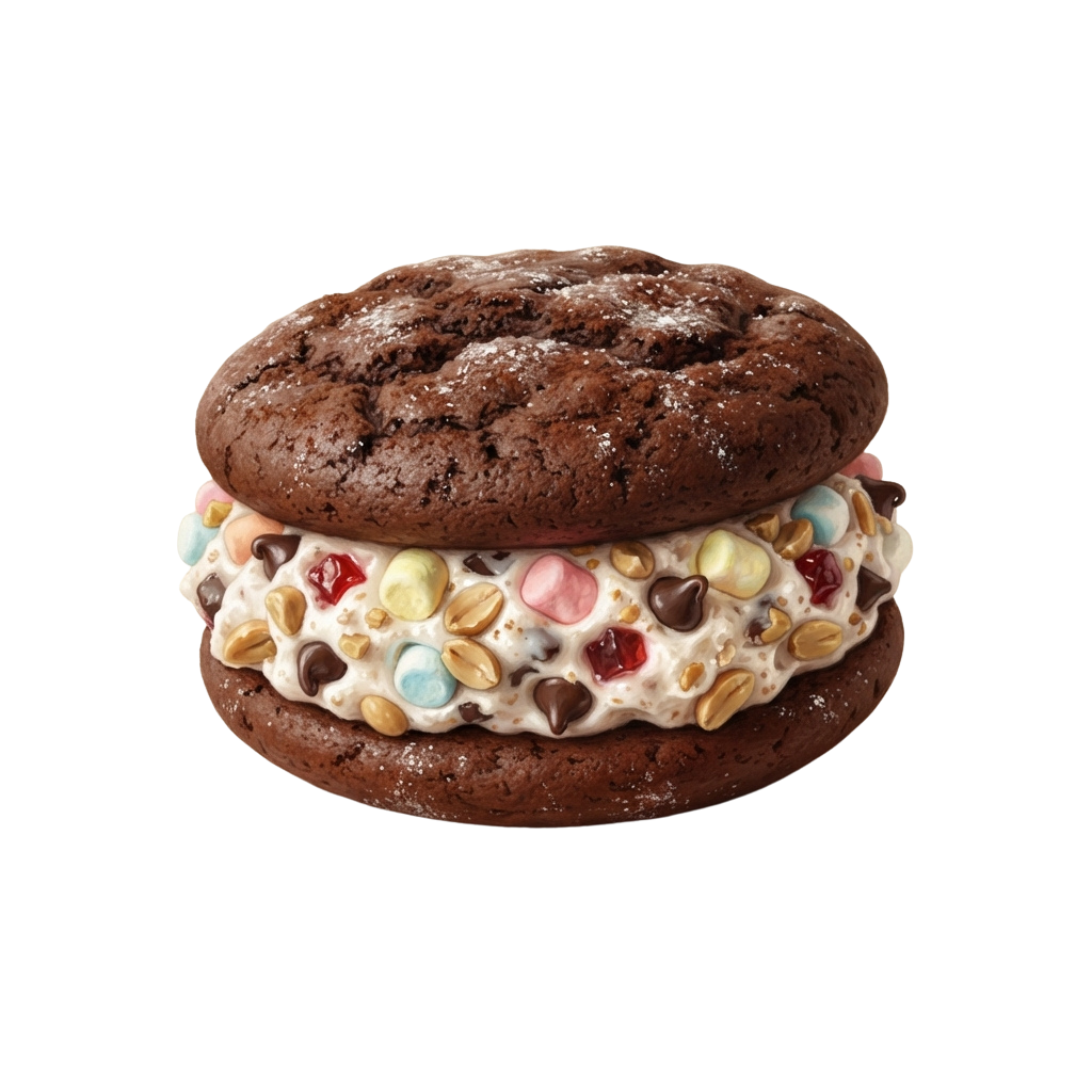 Two chocolate cookies sandwiching a white cream filling topped with colorful sprinkles and chocolate chips