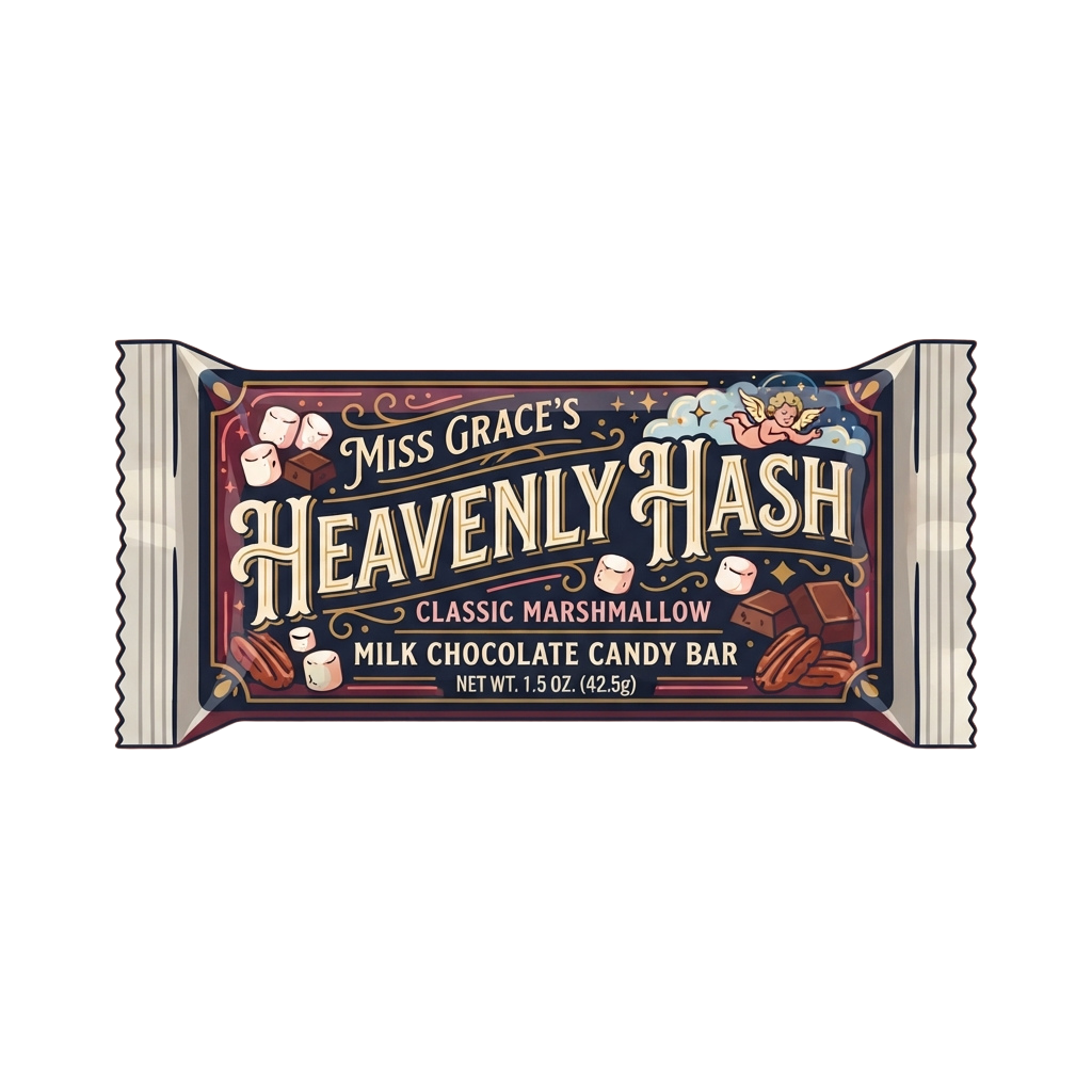 Illustrated wrapper for a classic marshmallow milk chocolate candy bar with celestial and nut-themed graphics