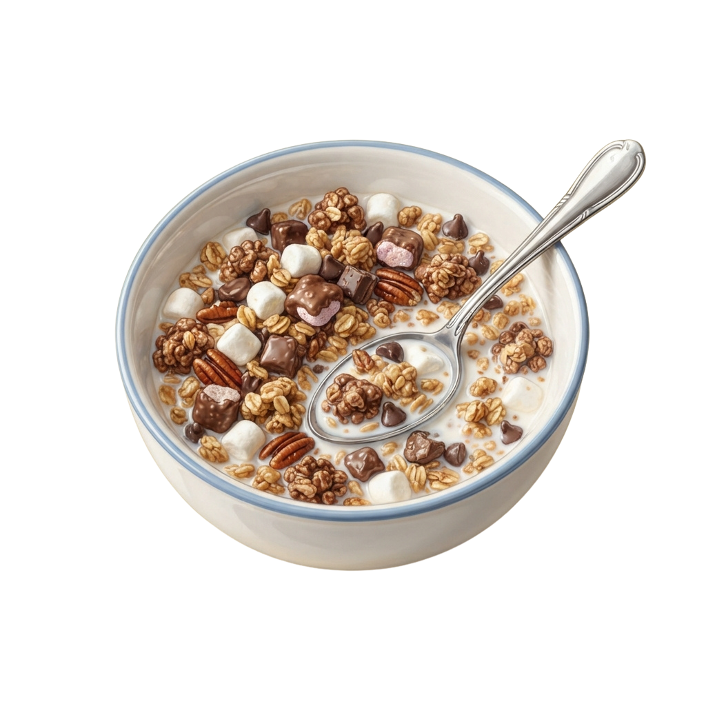 Bowl of creamy yogurt topped with granola, nuts, and chocolate chips with a spoon