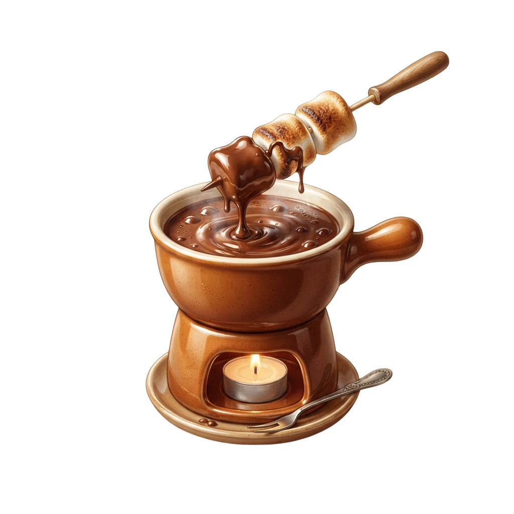 A chocolate fondue pot with melted chocolate, a skewer with marshmallows being dipped, and a small lit candle underneath