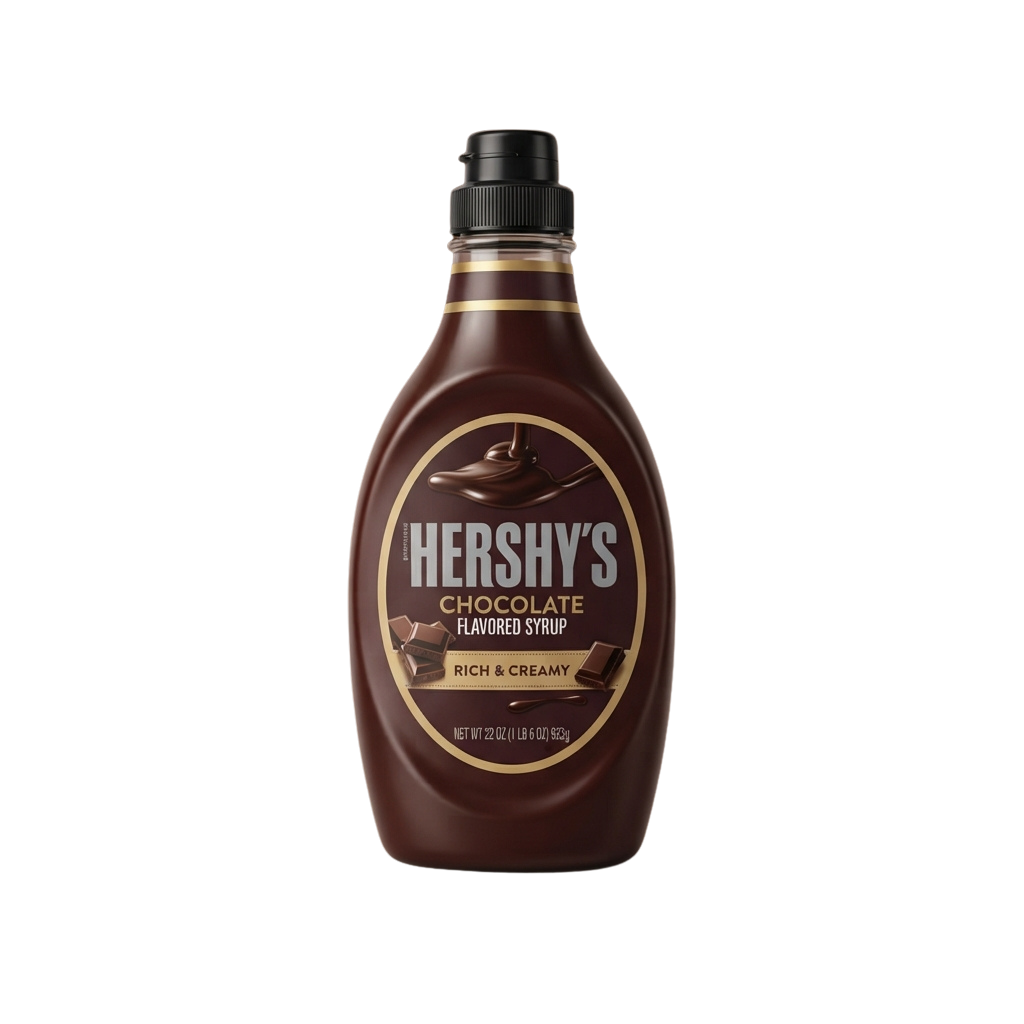 Bottle of chocolate flavored syrup with a black cap and label showing chocolate pieces and text.