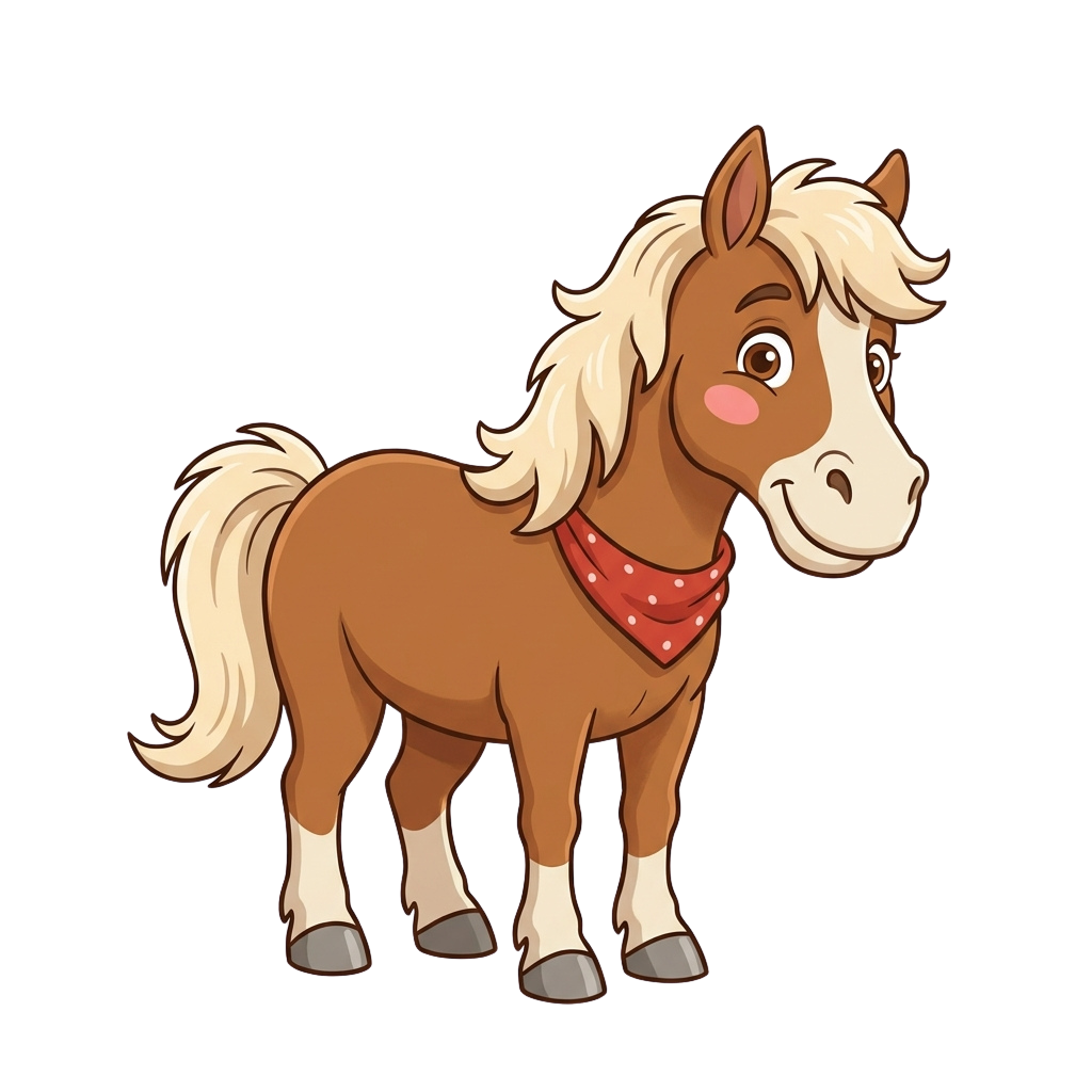 A cheerful cartoon pony with light brown coat, blonde mane and tail, wearing a red bandana.