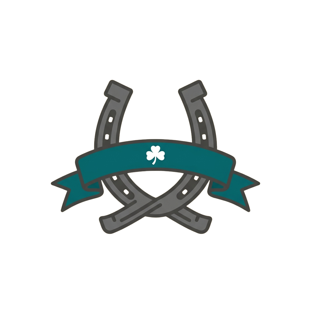 Two crossed grey horseshoes with a teal ribbon and white shamrock emblem in the center