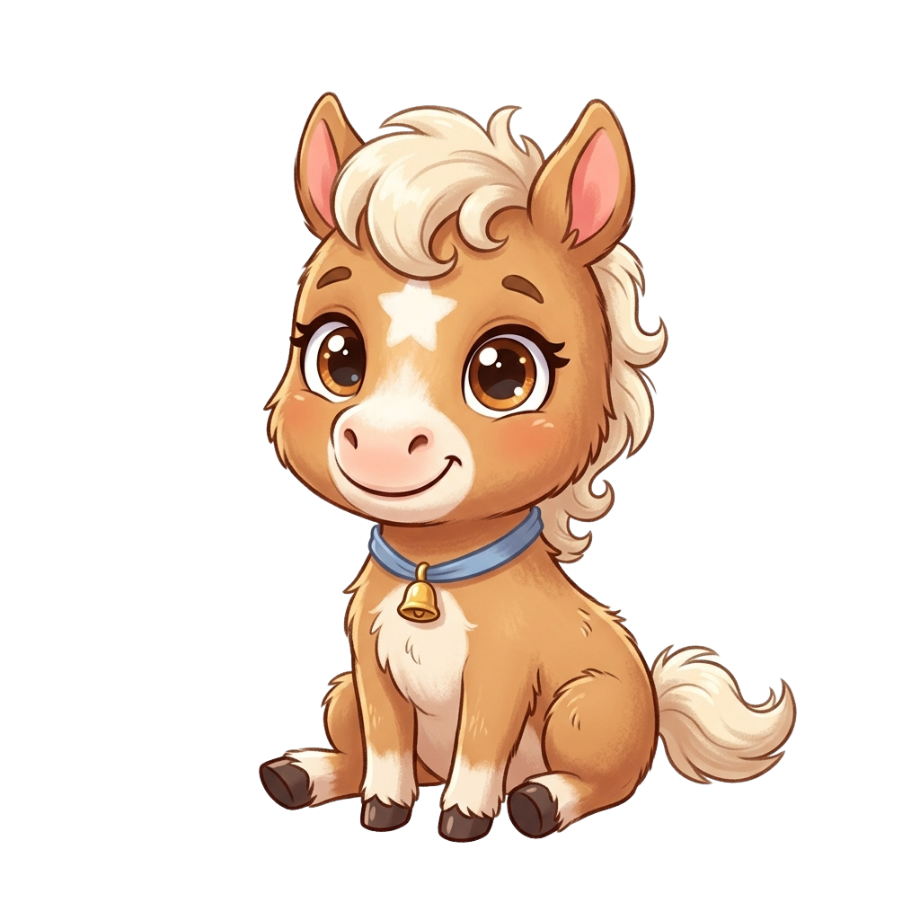 A cheerful cartoon baby alpaca sitting with a blue collar and a bell tag