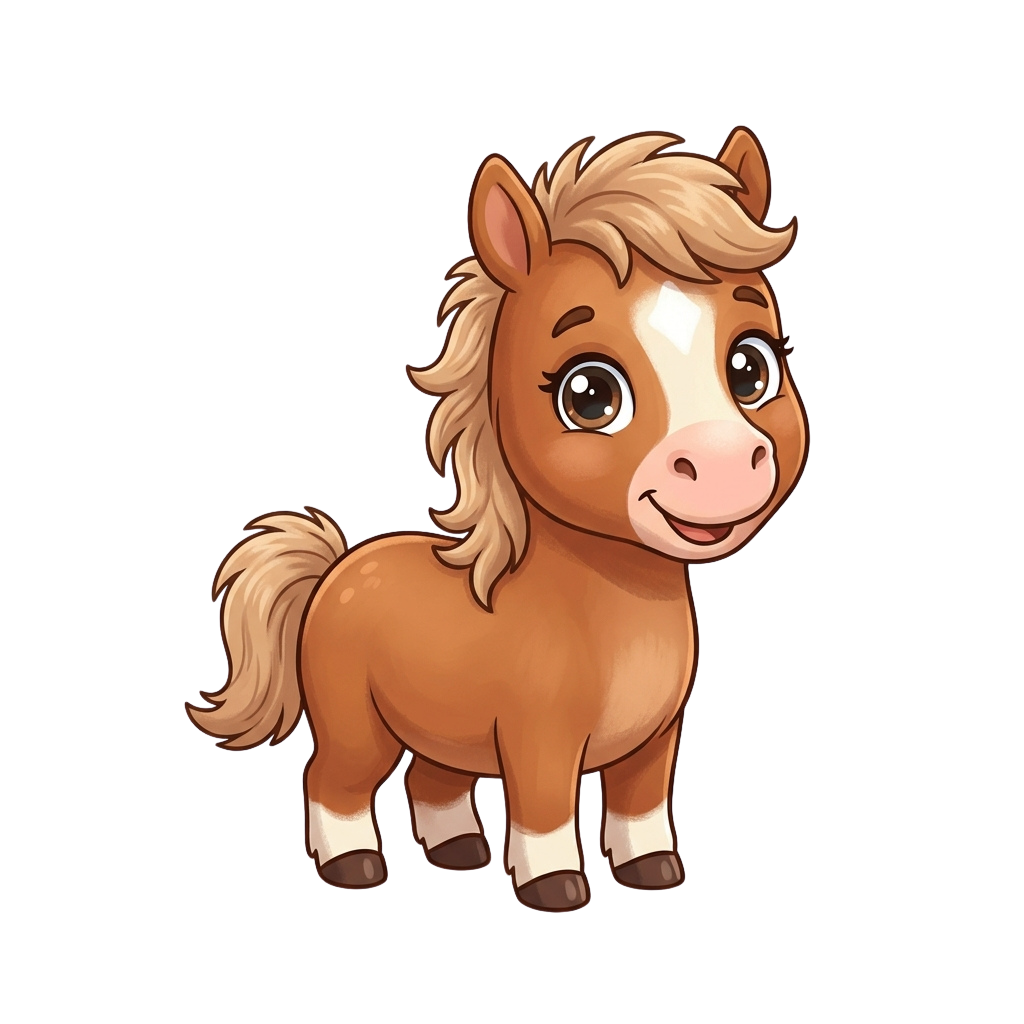 A cheerful cartoon pony with light brown mane and tail, white hooves, and a smiling face.