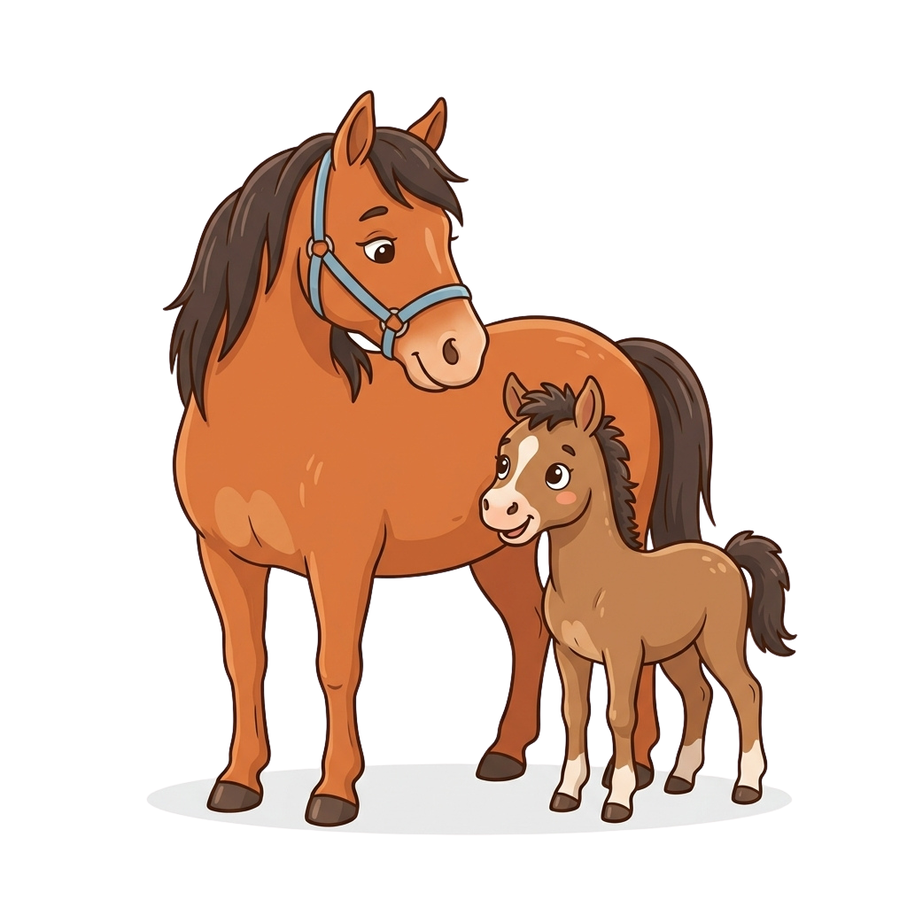 A friendly adult horse and a small foal standing close together