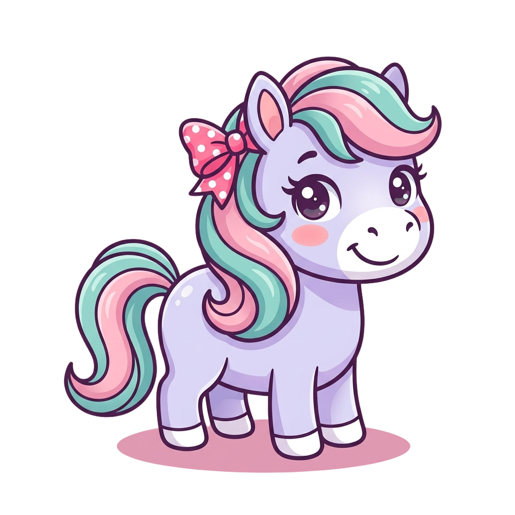 A cheerful cartoon unicorn pony with a pastel purple body, rainbow mane and tail, and a pink bow on its head