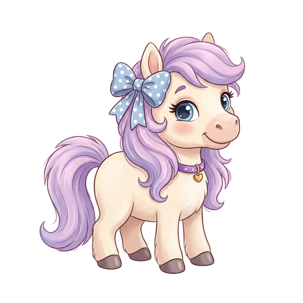 A cheerful cartoon unicorn pony with purple mane and tail, wearing a blue bow on its head and a heart-shaped charm on a collar.