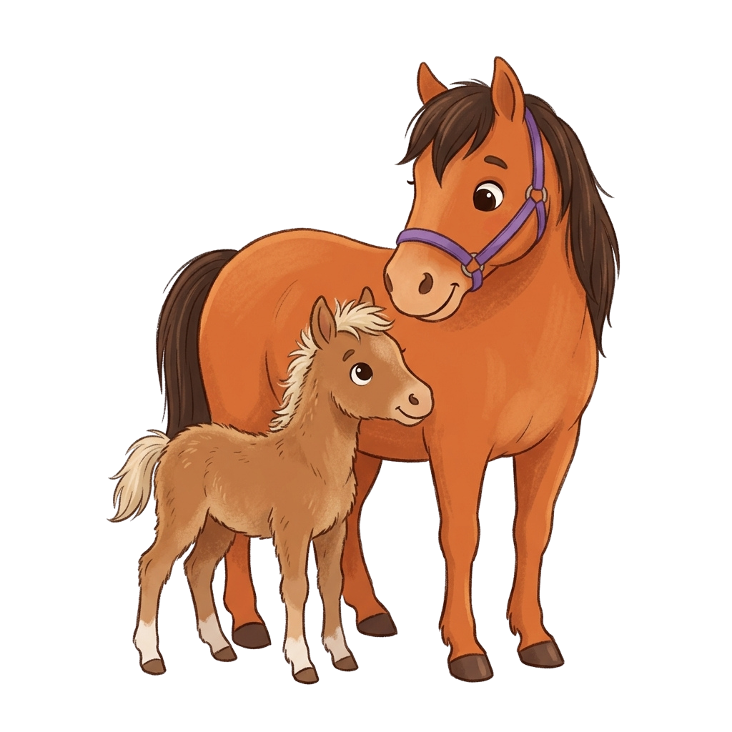 Illustration of a brown adult horse and a small brown foal standing together