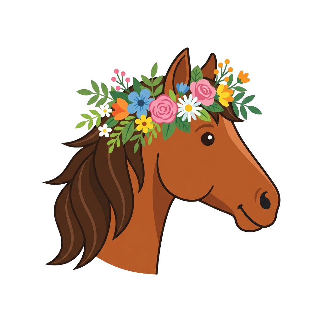 Illustration of a brown horse wearing a colorful flower crown on its head
