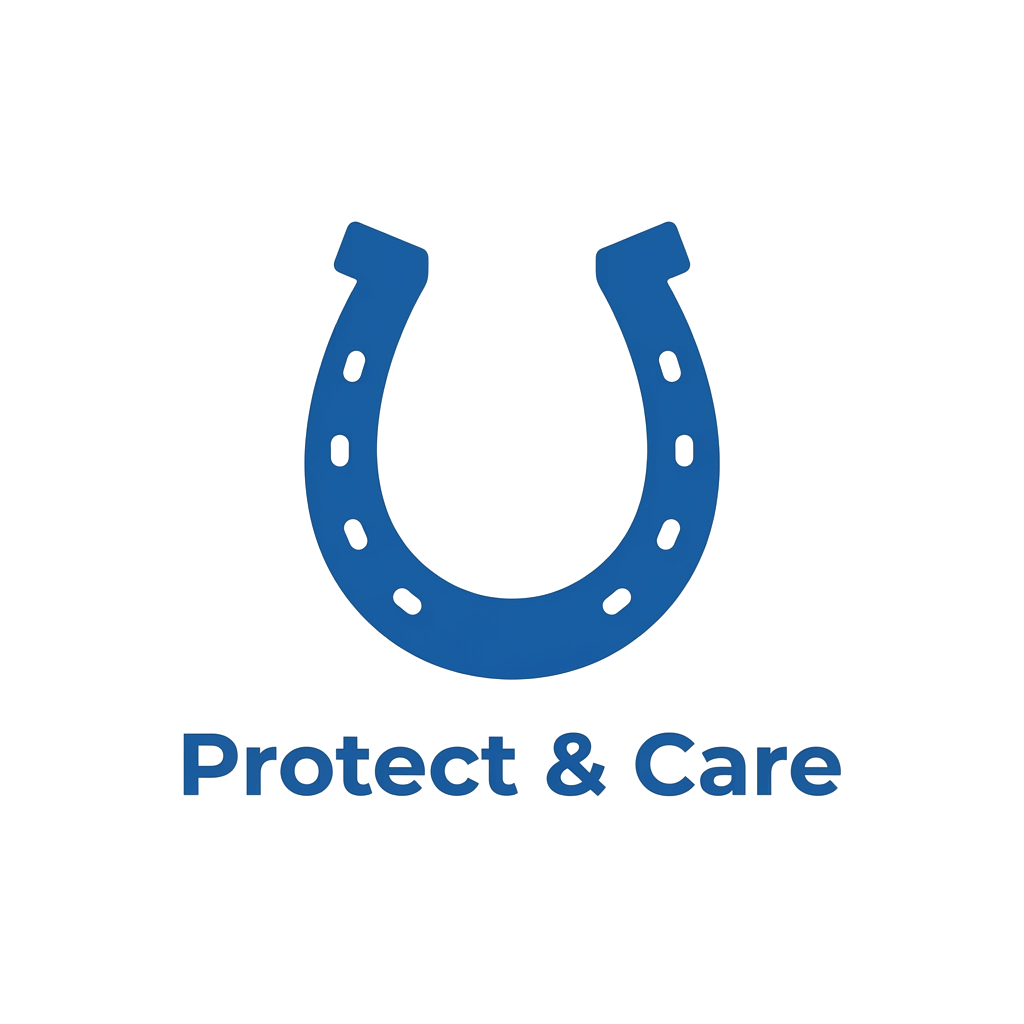 Blue horseshoe symbol with Protect and Care text underneath