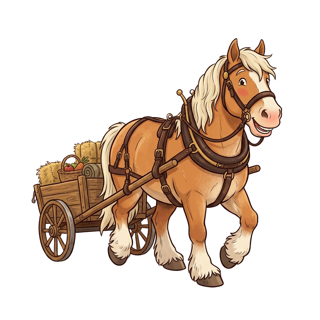 A cartoon horse wearing harness pulls a small wooden cart filled with hay and vegetables
